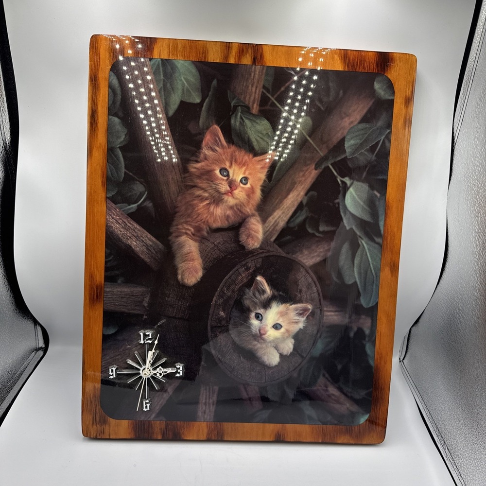 Vtg Wood Framed Wall Clock Kittens Cats WORKS 20x16 Brown Decorative Collectible